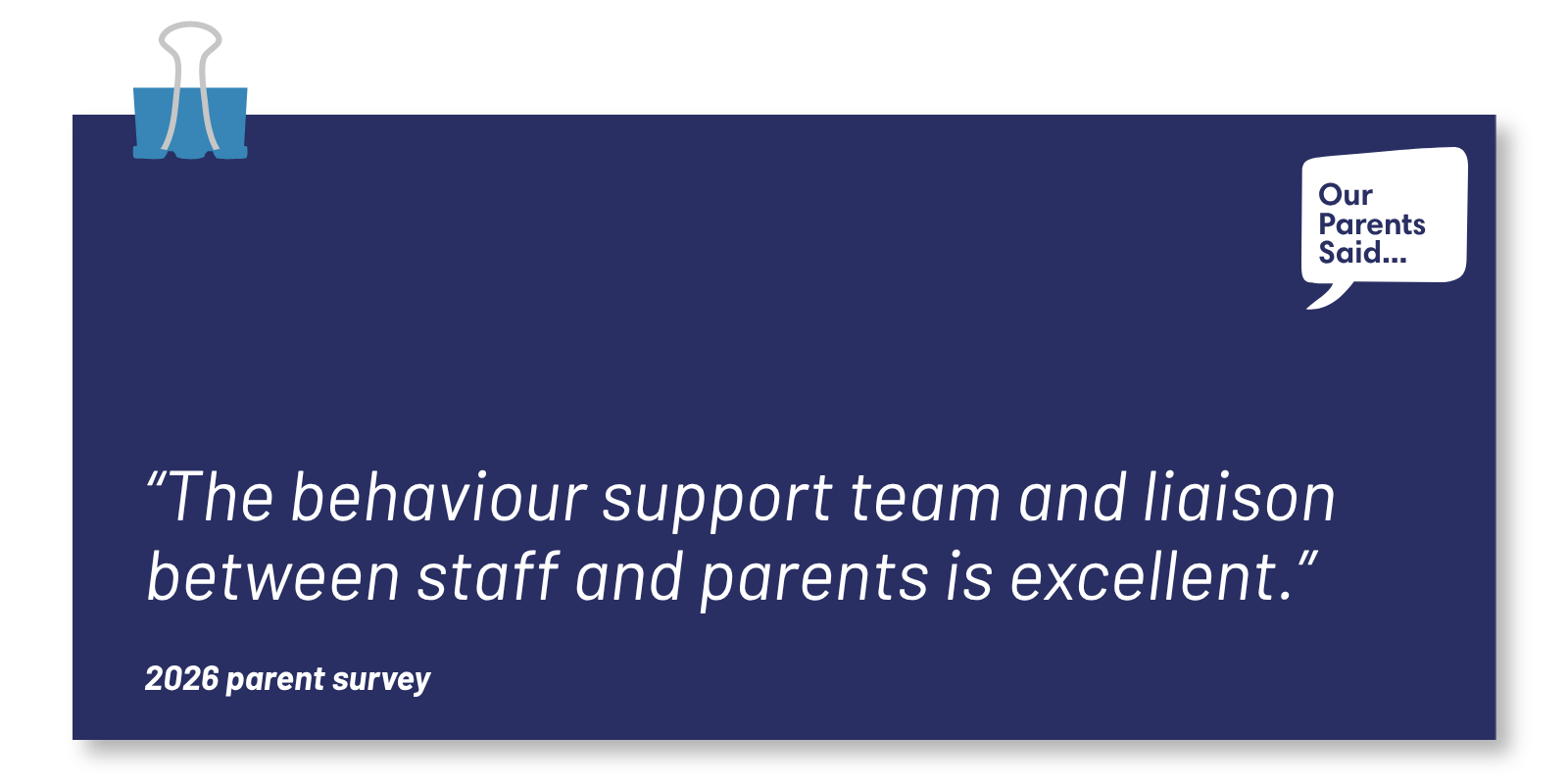 “The behaviour support team and liaison between staff and parents is excellent.”   2026 Parent Survey Quote